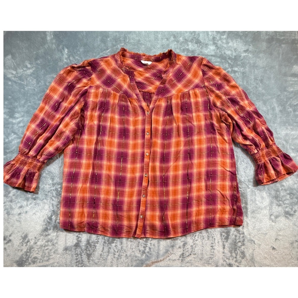 Cato Plus 22/24W Plaid Button Up Blouse Top Orange Gold Lurex Ruffle 3/4 Peasant